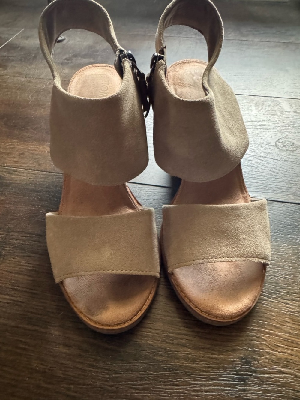Toms Taupe Suede Block Heel Sandals